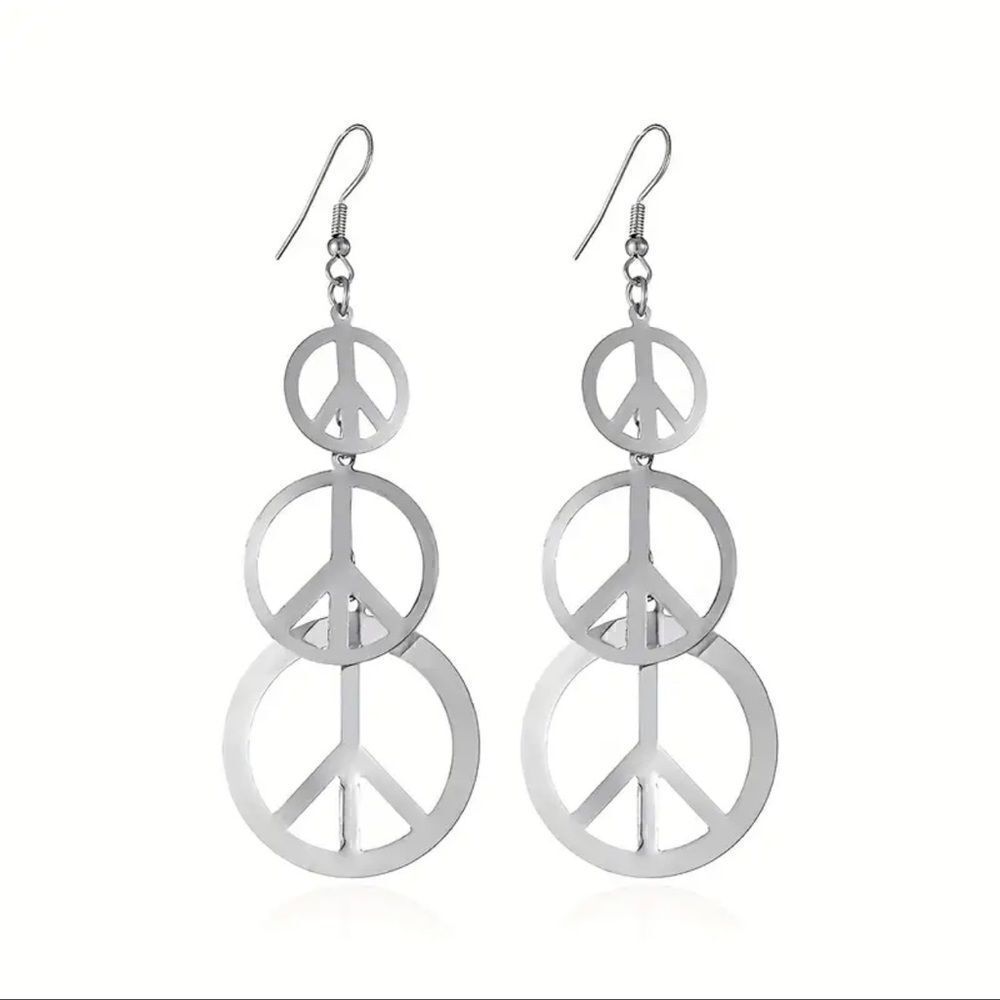 Silver Tone Triple Dangle Peace Symbol Earrings  NWT